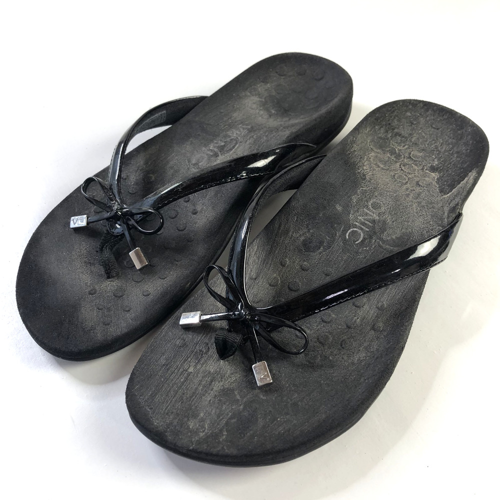 Vionic Cassie Flip Flops Black Bow Cork Foot Bed Orthotic Arch Support Womens 9